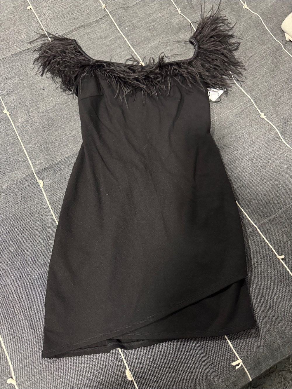 Bailey 44 Black Feather-Trim Off-Shoulder Mini Dress